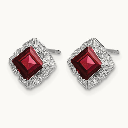 Square Garnet and Diamond Earrings, 14K White Gold