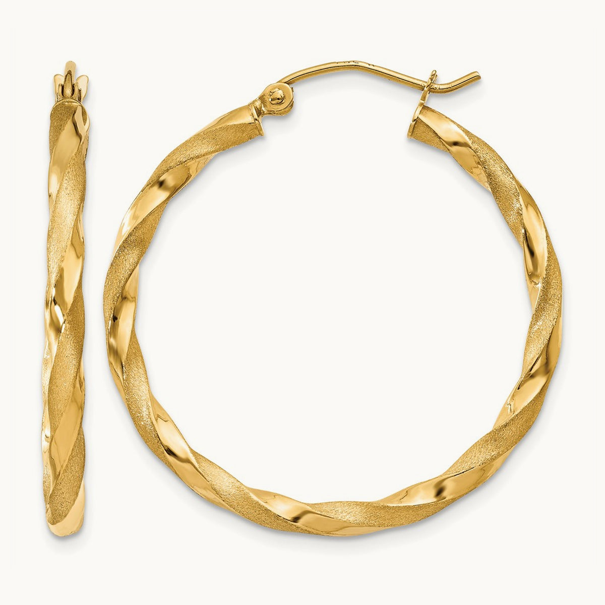 Polished & Satin Twisted Hoop Earrings — 14K Yellow Gold