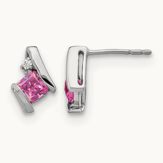 Cushion Cr. Pink Sapphire and Diamond Earrings, 14K White Gold