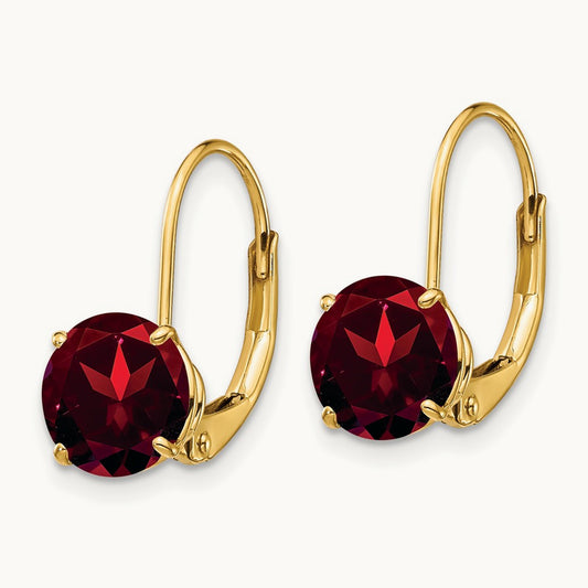 Garnet Round Leverback Earrings, 14K