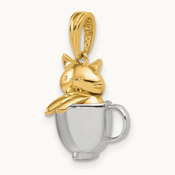 Polished 3-D Cat In Mug Charm, 14K with White Rhodium
