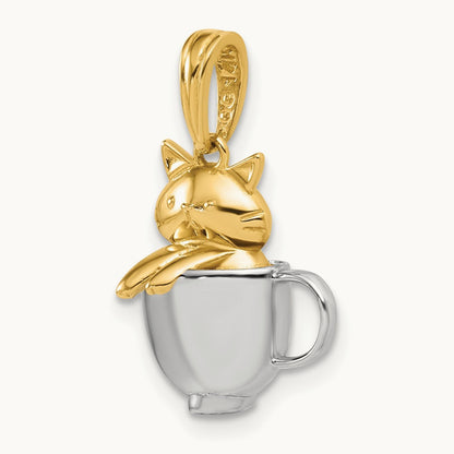 Polished 3-D Cat In Mug Charm, 14K with White Rhodium
