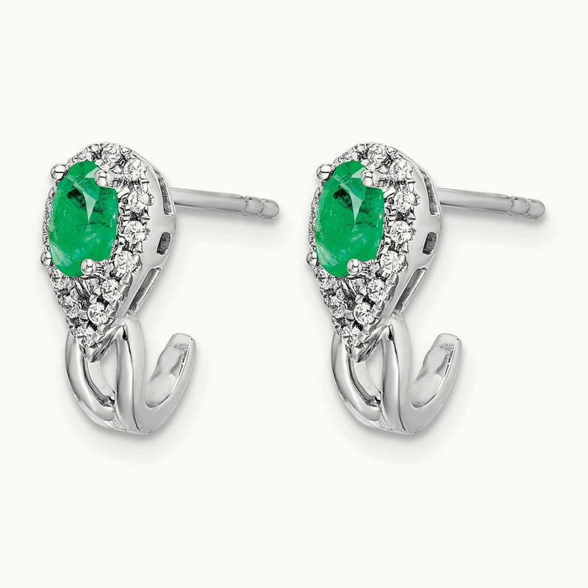 1/8Ct Diamond and Emerald Earrings — 14K White Gold