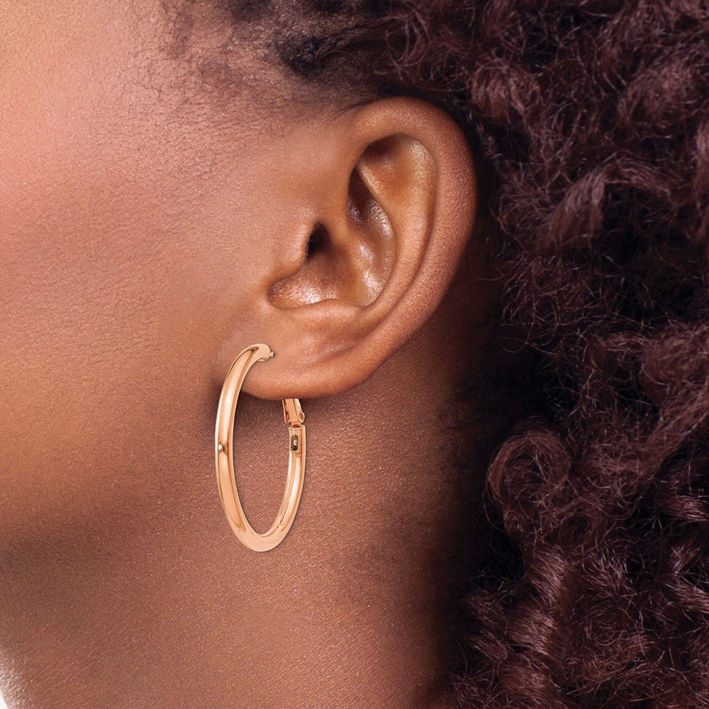 Polished Round Omega Back Hoop Earrings — 14K Rose Gold, 3x36mm