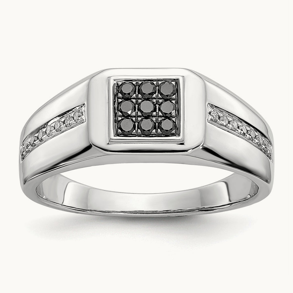 White and Black Diamond Square Mens Ring, 14K White Gold