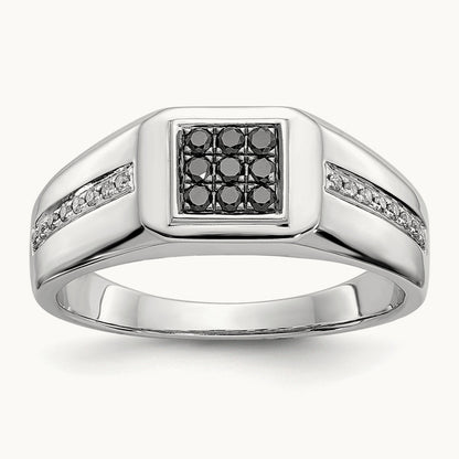 White and Black Diamond Square Mens Ring, 14K White Gold