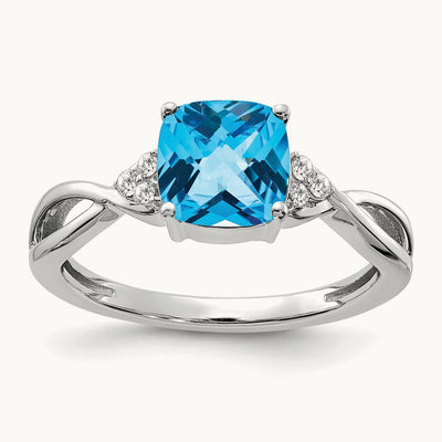 Checkerboard Blue Topaz and Diamond Ring — 14K White Gold, 7