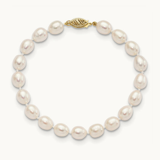 7- White Rice Freshwater Cultured Pearl Bracelet, 8mm, 14K