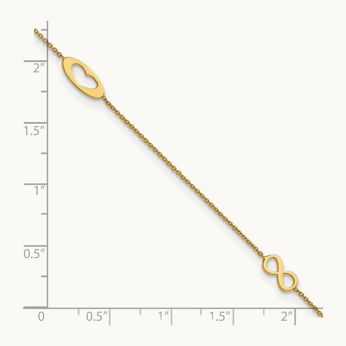 Polished Infinity and Heart 9in Plus 1in ext Anklet, 14K