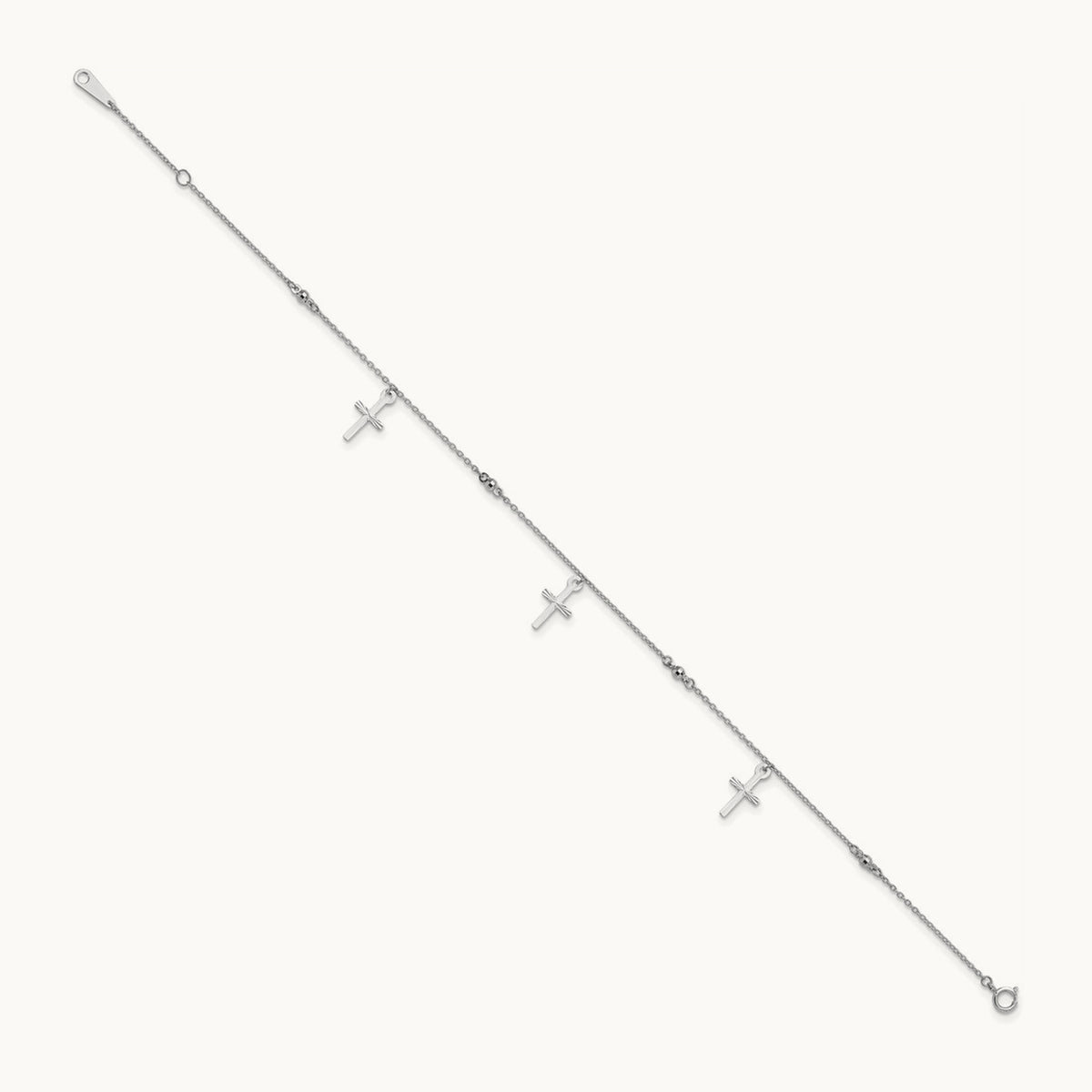 Polished and Diamond-cut Cross 9in Plus 1in extension Anklet — 14K White Gold