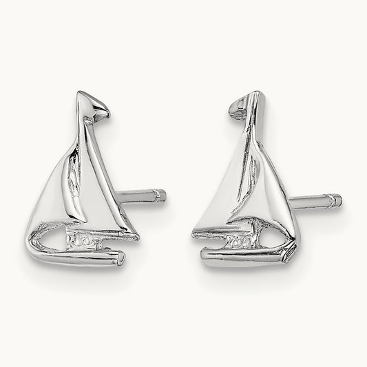 Mini Sailboat Post Earrings, 14K White Gold