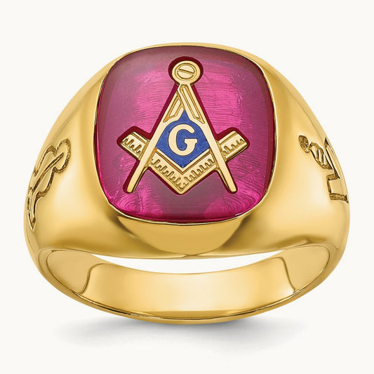 IBGoodman Men's Grooved w/ Lab Cr. Ruby Blue Lodge Masonic Ring, 14K