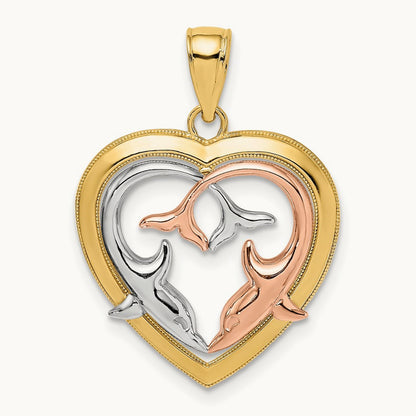 w/White Rhodium Dolphins In Heart Frame Charm, 14K Two-tone