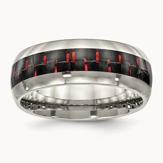 Polished Black/Red Carbon Fiber Inlay Band, 8mm, Stainless Steel