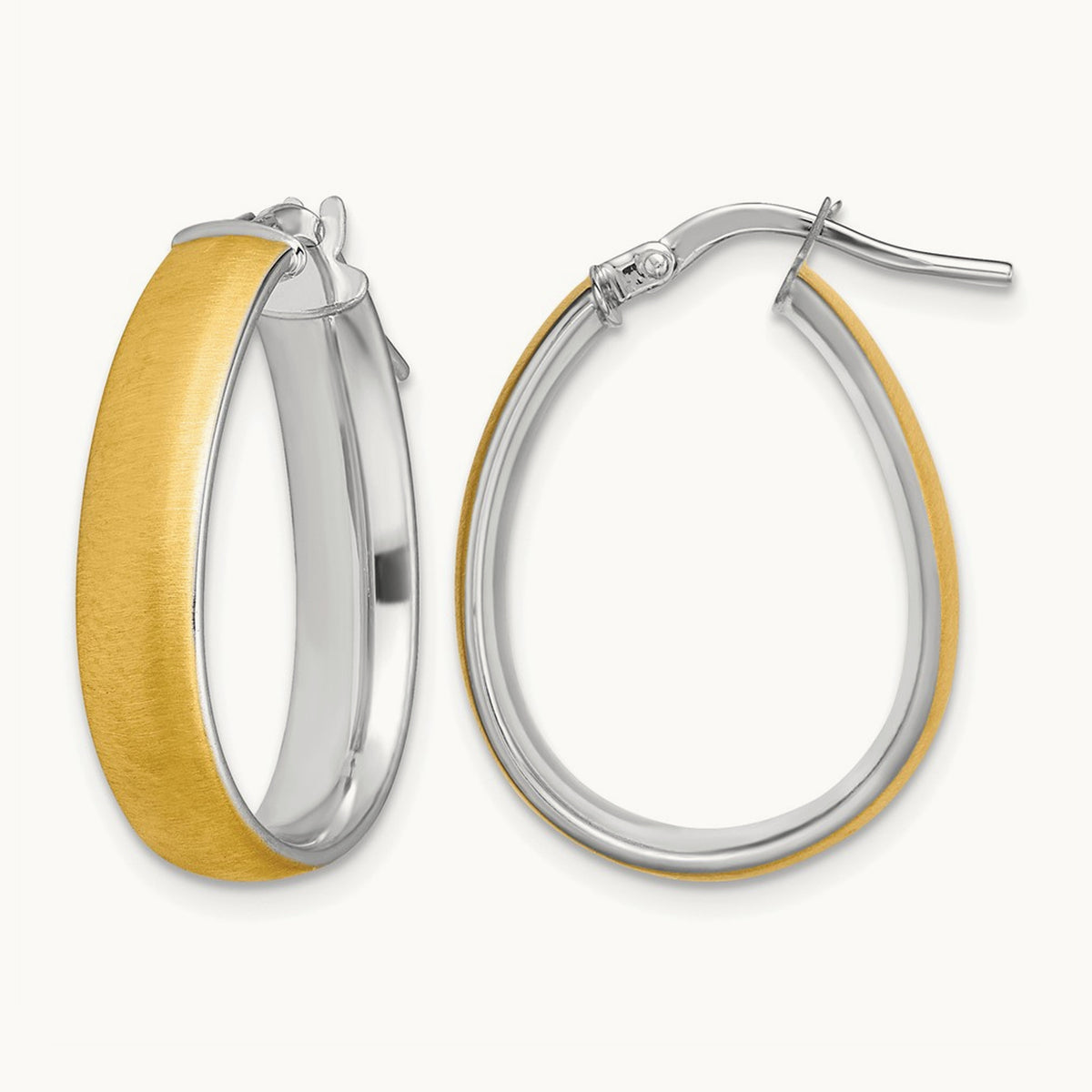 4.85x18. Satin and Polished Teardrop Hoop Earrings, 5mm, 14K with White Rhodium