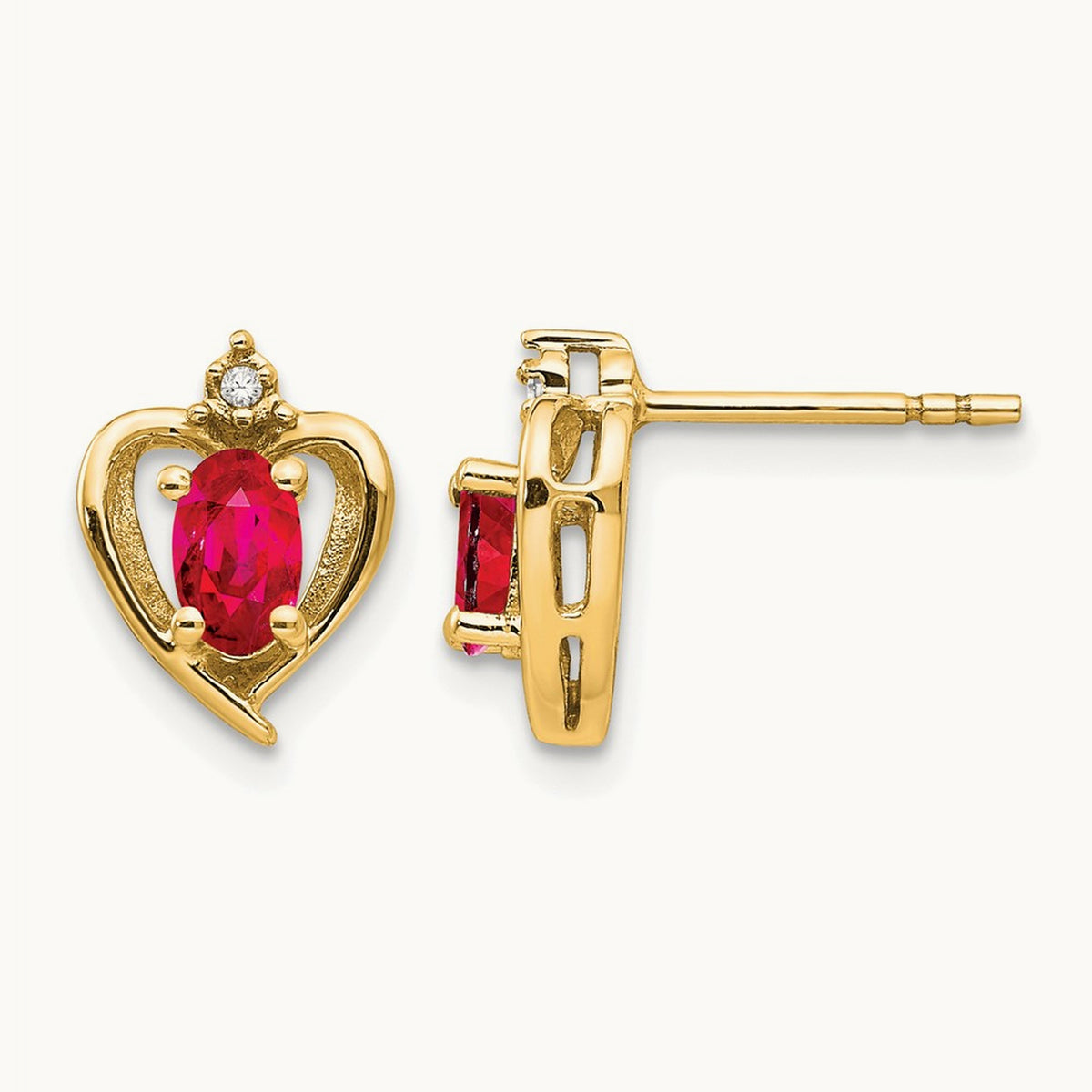 Ruby and Diamond Heart Earrings — 14K Yellow Gold, 17mm