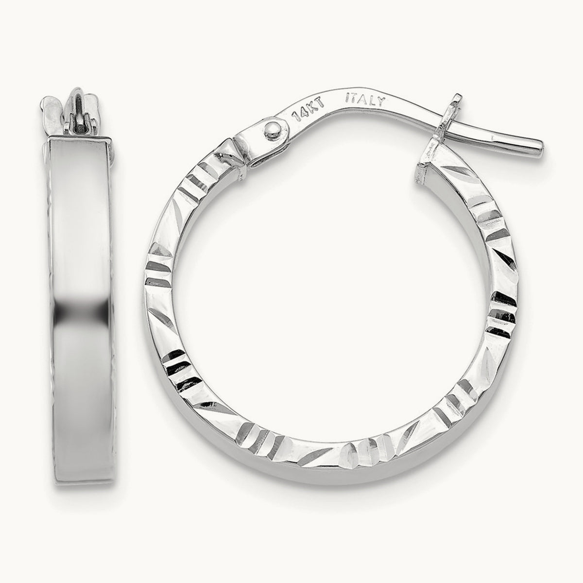 Small Diamond Cut Edge Polished Hoop Earrings — 14K White Gold