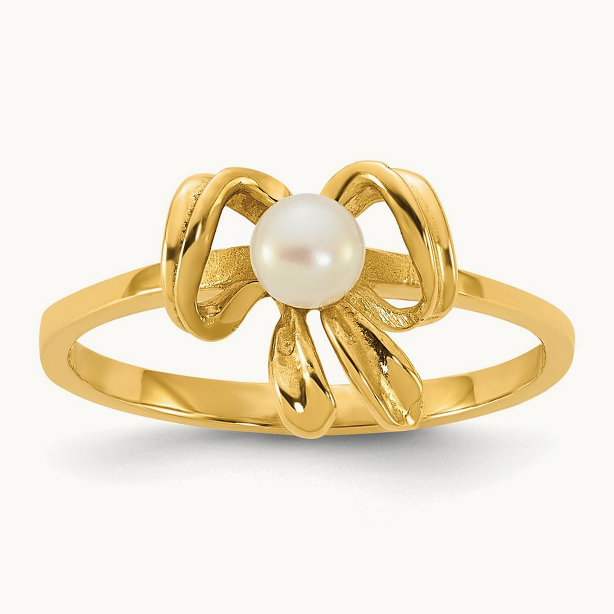 Madi K 3- White Button Freshwater Cultured Pearl Bow Children's Ring, 4mm, 14K