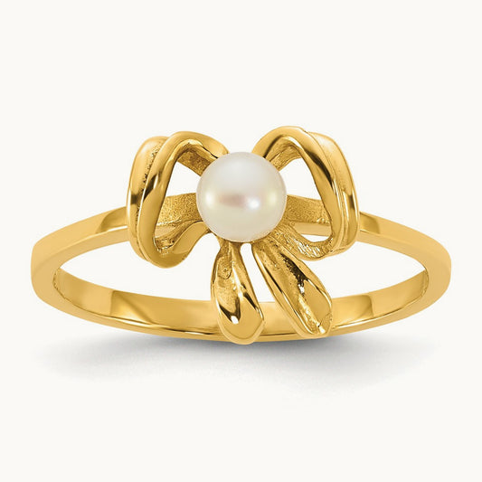Madi K 3- White Button Freshwater Cultured Pearl Bow Children's Ring, 4mm, 14K
