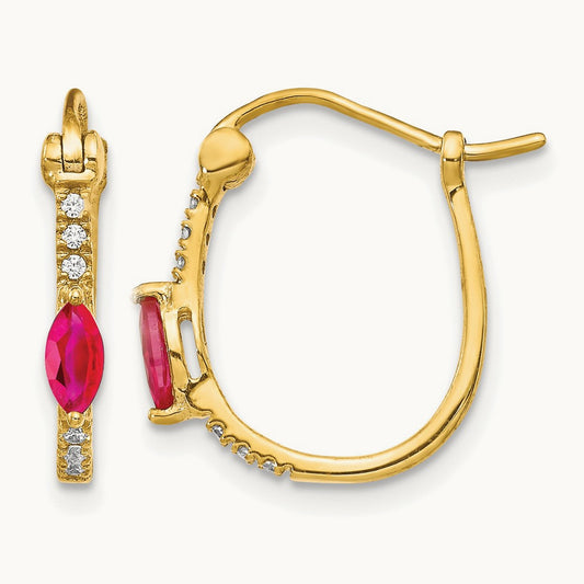 1/20ct Diamond and Ruby Oval Hoop Earrings, 14K