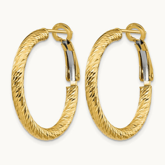 3x20 Diamond-cut Round Omega Back Hoop Earrings — 10K Yellow Gold