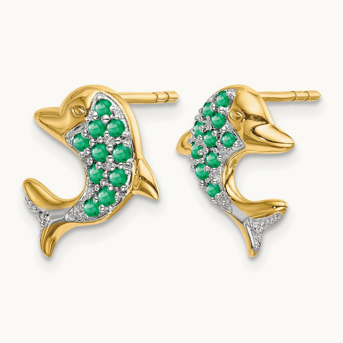 Emerald and Diamond Dolphin Post Earrings, 14K with Rhodium