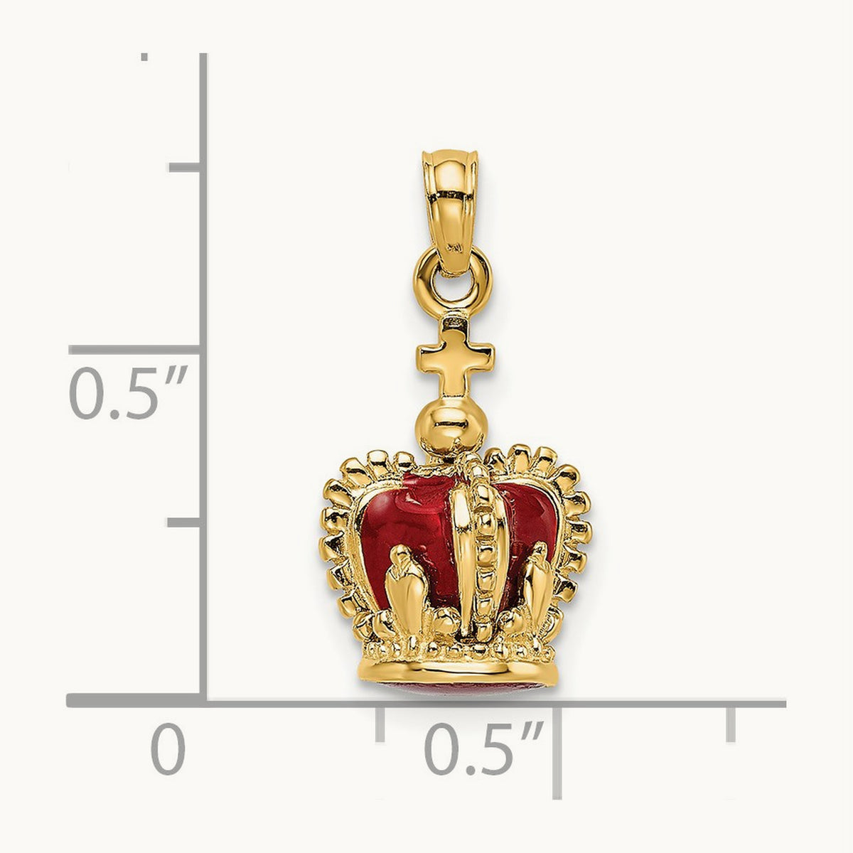 3-D w/ Red Enamel Inside Crown w/ Cross On top Charm, 14K