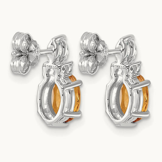 Diamond and Citrine Post Earrings, 14K White Gold