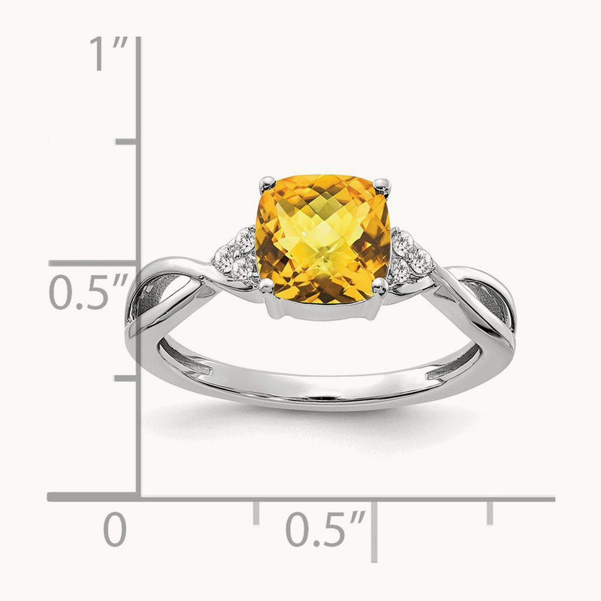 Checkerboard Citrine and Diamond Ring — 14K White Gold, 7