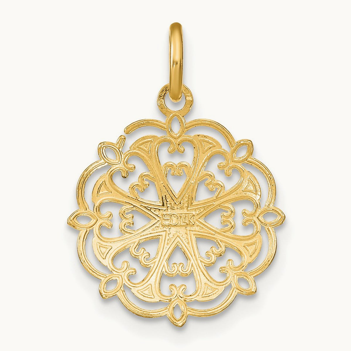 w/Rhodium and D/C Filigree Heart Round Charm, 14K