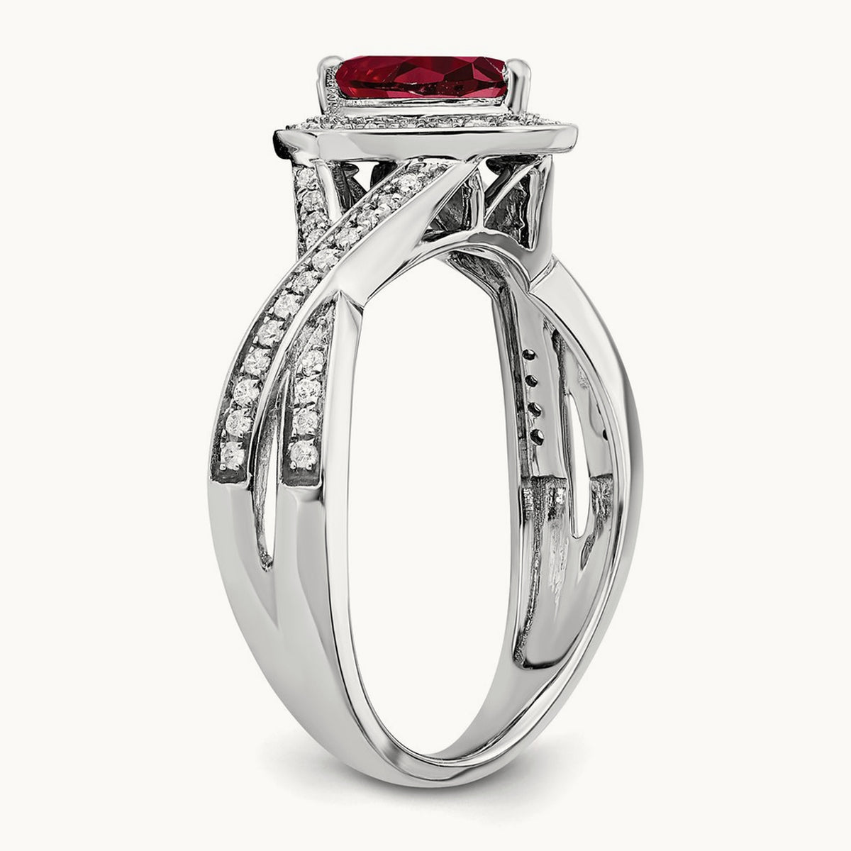 Pear Created Ruby and Diamond Halo Ring, 14K White Gold