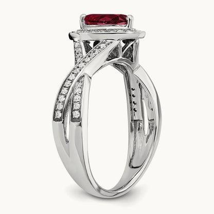 Pear Created Ruby and Diamond Halo Ring, 14K White Gold
