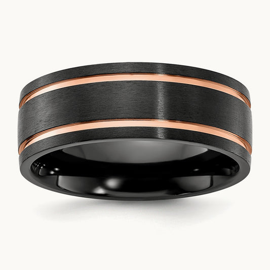 Black Zirconium Brushed & Polished Rose IP-plated Band, 8mm