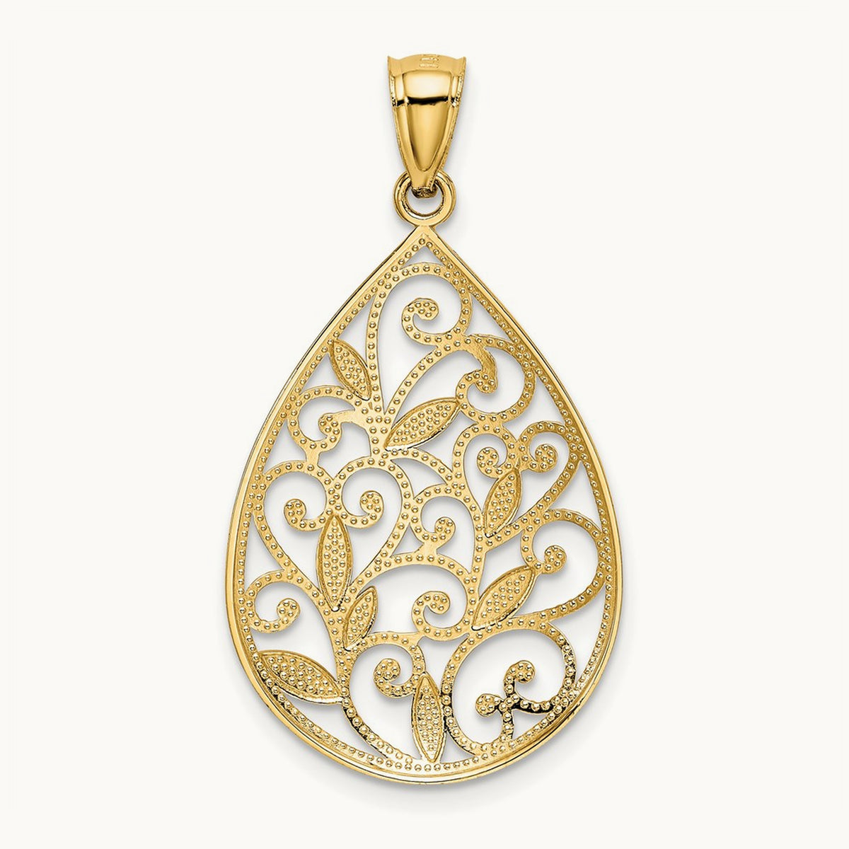 Polished / Textured Filigree Teardrop Pendant, 14K Gold