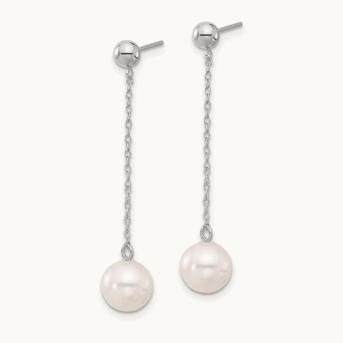 Round Freshwater Cultured Pearl Post Dangle Earrings — 14K White Gold