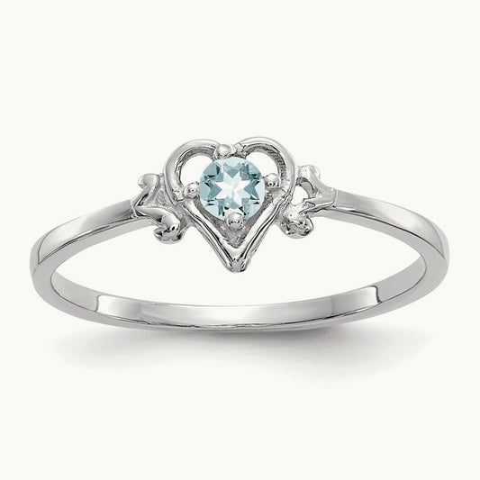 Aquamarine Birthstone Heart Ring, 14K White Gold