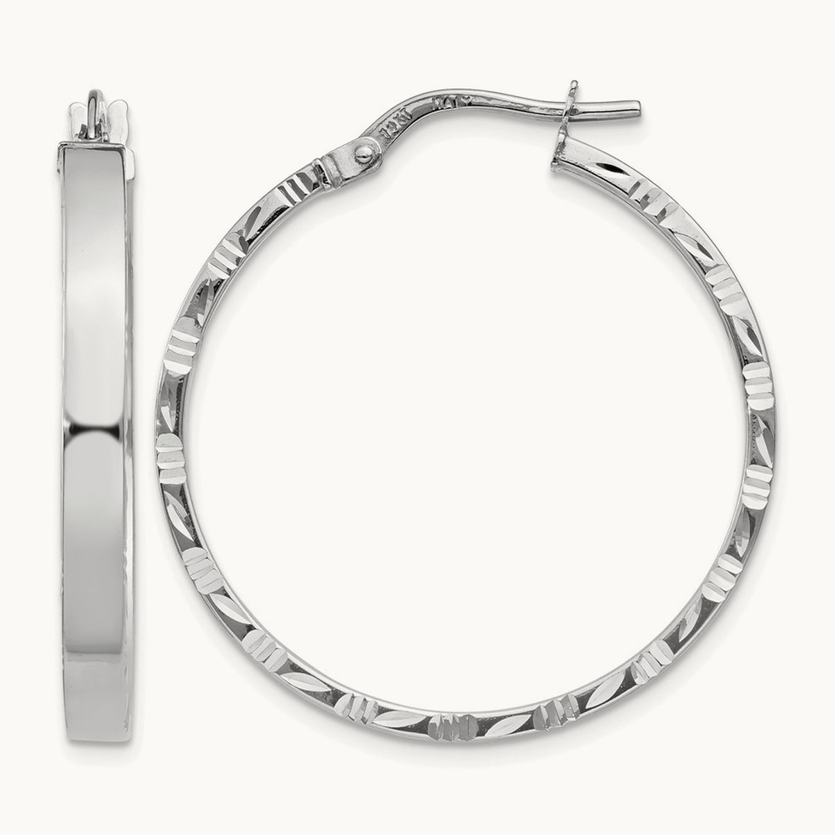 Diamond Cut Edge Large Polished Hoop Earrings — 14K White Gold