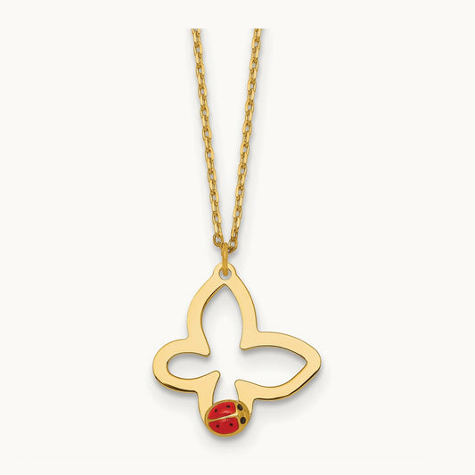 Polished Butterfly With Enamel Ladybug w/.75in Ext Children's Necklace, 14K