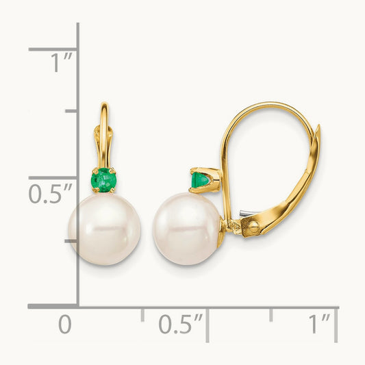 7- White Round FWC Pearl Emerald Leverback Earrings, 7.5mm, 14K