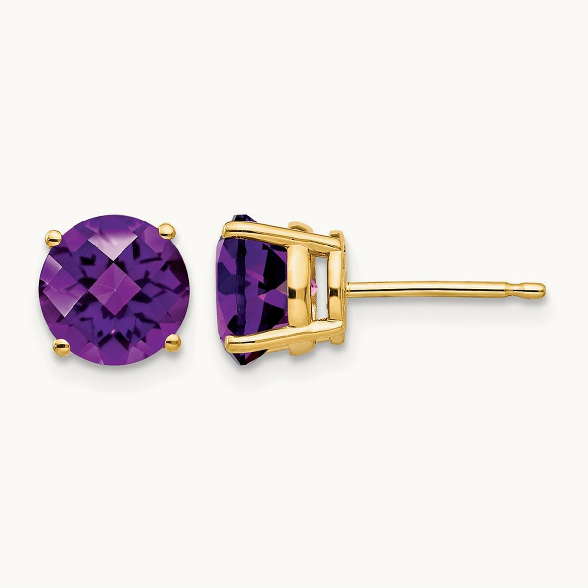 Amethyst Checker Earrings, 7mm, 14K