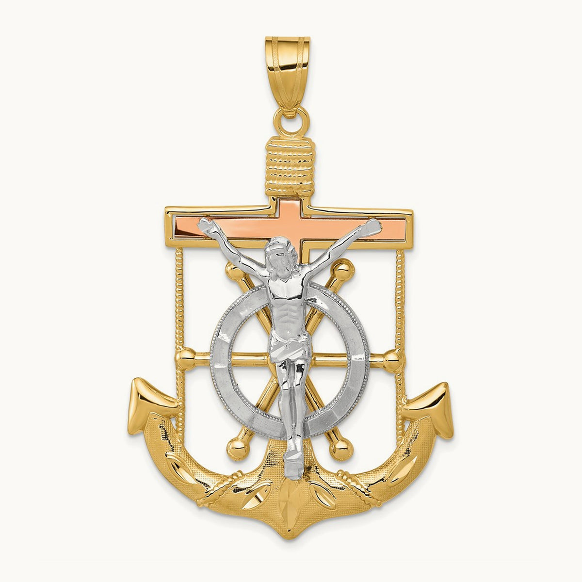 Tri-color Diamond-cut with Textured Mariner's Crucifix Pendant — 54mm