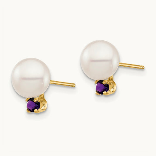 7- White Round Freshwater Cultured Pearl Amethyst Post Earrings, 7.5mm, 14K