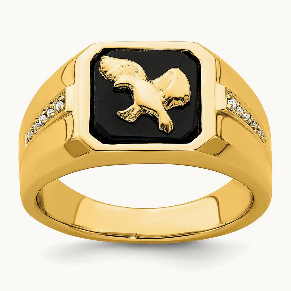 Onyx and Diamond Eagle Men's Ring — 14K Yellow Gold