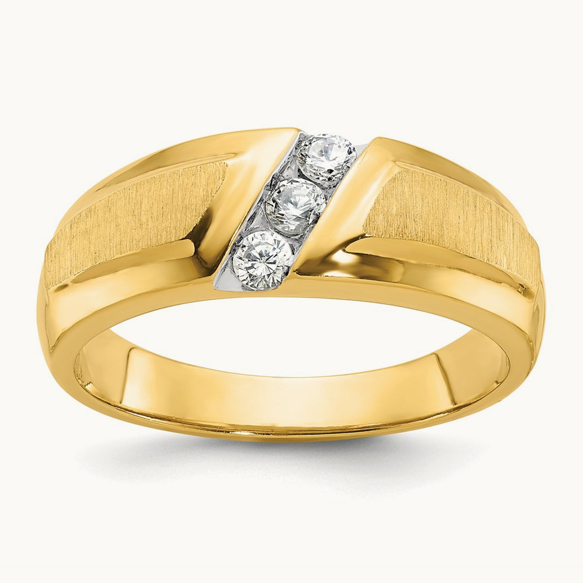 Men's Polished and Satin 3-Stone Diamond Ring — 14K Yellow Gold & Rhodium, 0.27 ct