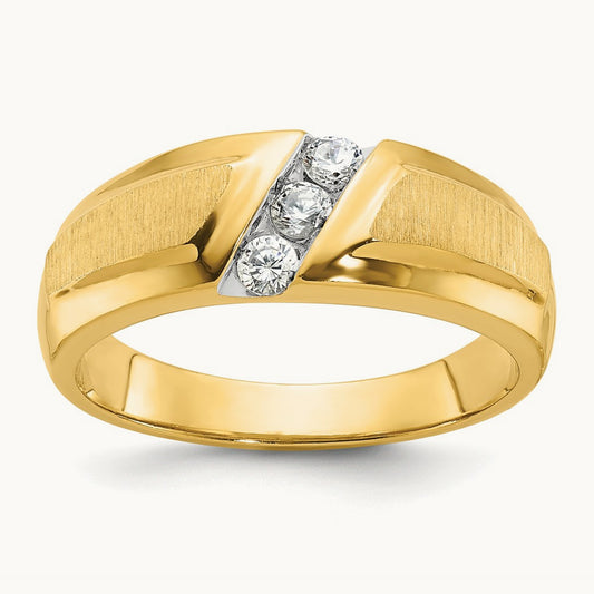Men's Polished and Satin 3-Stone Diamond Ring — 14K Yellow Gold & Rhodium, 0.27 ct