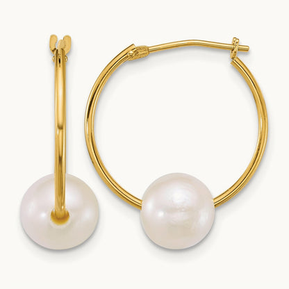 7- Semi-Rnd White Freshwater Cultured Pearl Hoop Earrings, 8mm, 14K