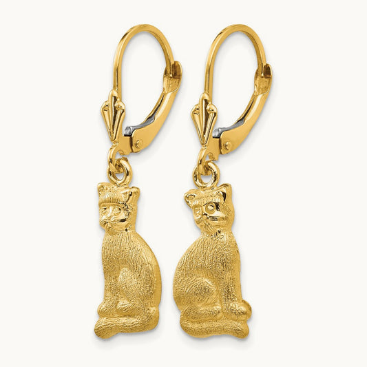 Satin Cat Dangle Leverback Earrings, 14K