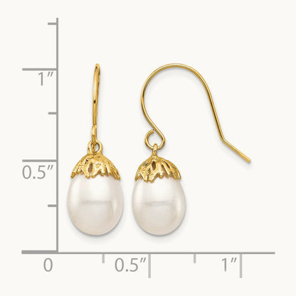 7- White Rice Freshwater Cultured Pearl Dangle Earrings, 8mm, 14K
