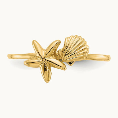 Polished Shell & Starfish Ring, 14K