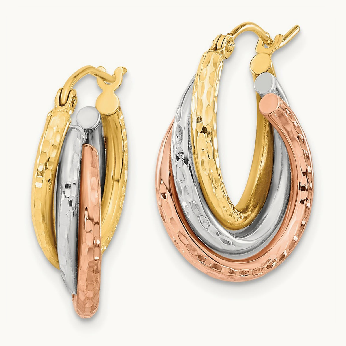 Tri-color Textured Triple Hoop Earrings, 14K